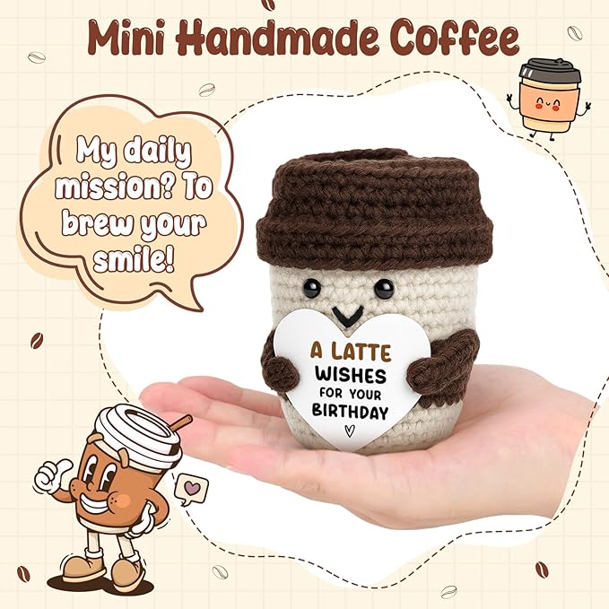 Coffee Lover Birthday Gifts for Coworker Female Women Men Best Friend Sister Coffee Gifts Espresso Happy Birthday Decoration Card Knitted Crochet for Her Him Son Daughter Wife Husband Boss