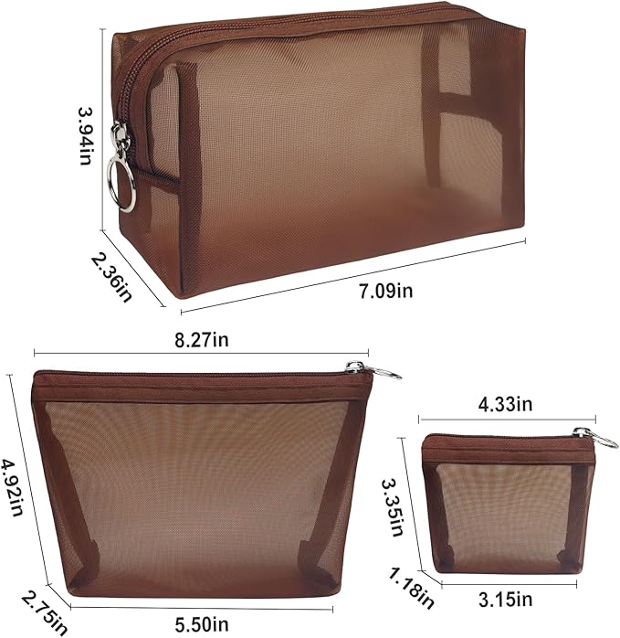 Aosbos 3-Pack Mesh Cosmetic Bag Set - Travel/On-The-Go Makeup Storage, Zipper Closure Small Pouch