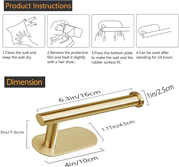 JOPOFI Toilet Paper Holder - Self Adhesive Toilet Paper Holder Wall Mount for Bathroom, Command Strip Stainless Steel Toilet Paper Roll Holder Stick On Wall, No Drilling - Brushed Gold