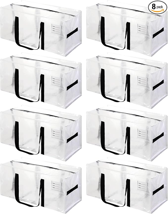 8 Pack Heavy Duty Extra Large Moving Bags with Black Handles, Waterproof Foldable Storage Totes,Clothing Storage Bags,Packing Moving Boxes for College Supplies & Seasonal Storage,Clear