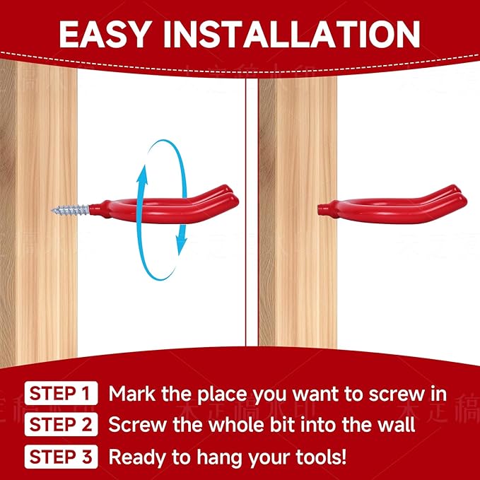 Lian.Ripple.Lian 6 Pack Garage Storage System Steel U Hooks with Anti-Slip Coating Home Improvement and Organization Screw in Hooks Easy Wall Mounting Heavy Duty Bike and Ladder (Red, 6 Pack)