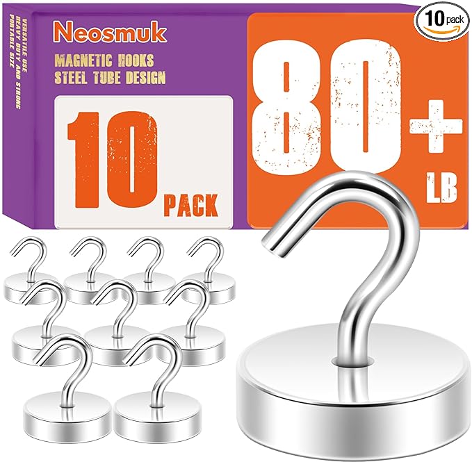 Neosmuk Magnetic Hooks, Cruise Ship Essentials, 80lb+ Heavy Duty Magnetic Hooks for Cruise Cabins, Refrigerator, Grill, Hanging, and Travel | Extra Strong Must-Haves Magnet Hook,Silver