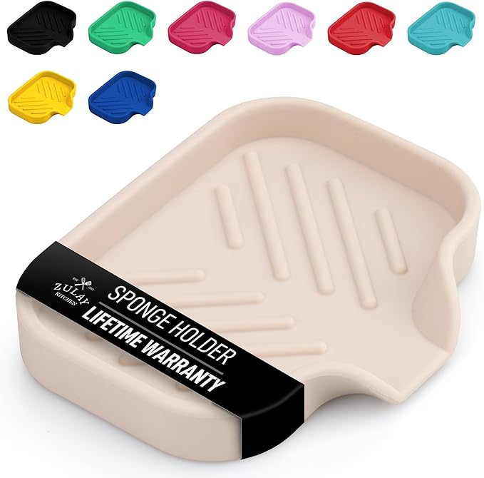 Zulay Kitchen Small Silicone Sponge Holder (4.9x3.3”) – Space-Saving Sink Organizer Tray for Sponge, Soap, Brush & More – Compact Non-Slip Dish for Kitchen & Bathroom (Ivory)