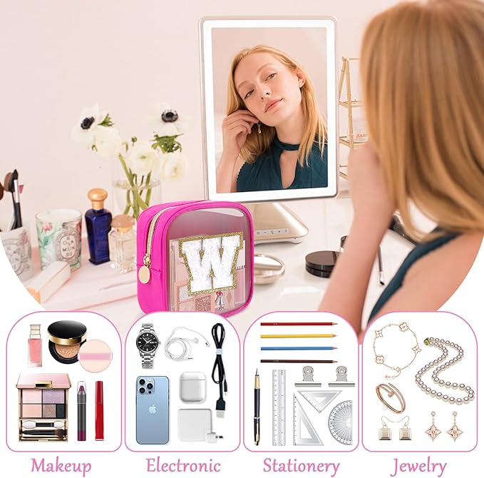 Personalized Initial Letter Clear Preppy Makeup Bag,Mini Nylon Chenille Letter Cosmetic Bag Cute Zipper Pouch Coin Purse for Teen Girls,Portable TSA Approved Travel Essentials Bag Gift for Women,W