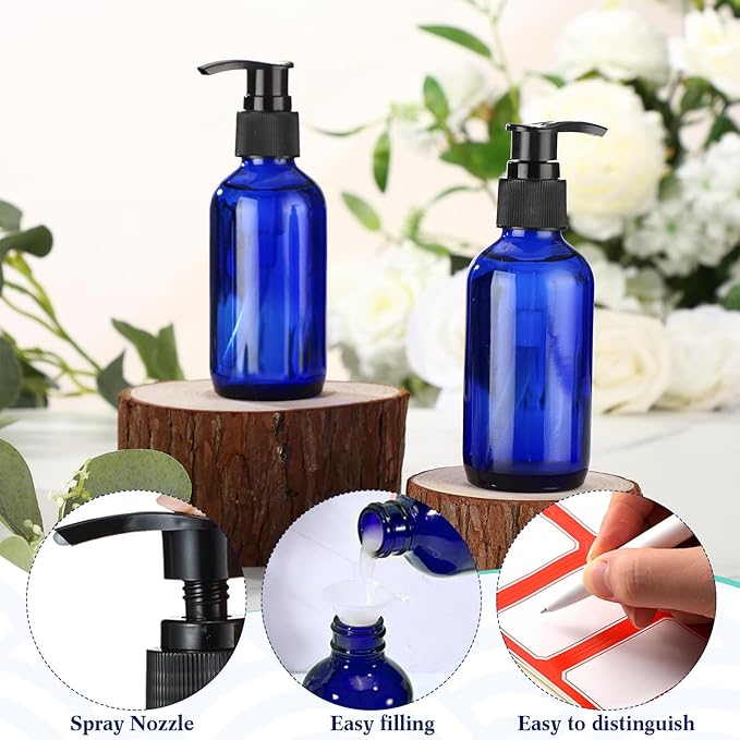 Fumete 2 Pack Glass Bottles 4oz Empty Refillable Liquid Containers with 1 Label 1 Funnel for Essential Oils Hair Travel Plants Cleaning Skin Care(Blue, Black Top,Pump Bottle)