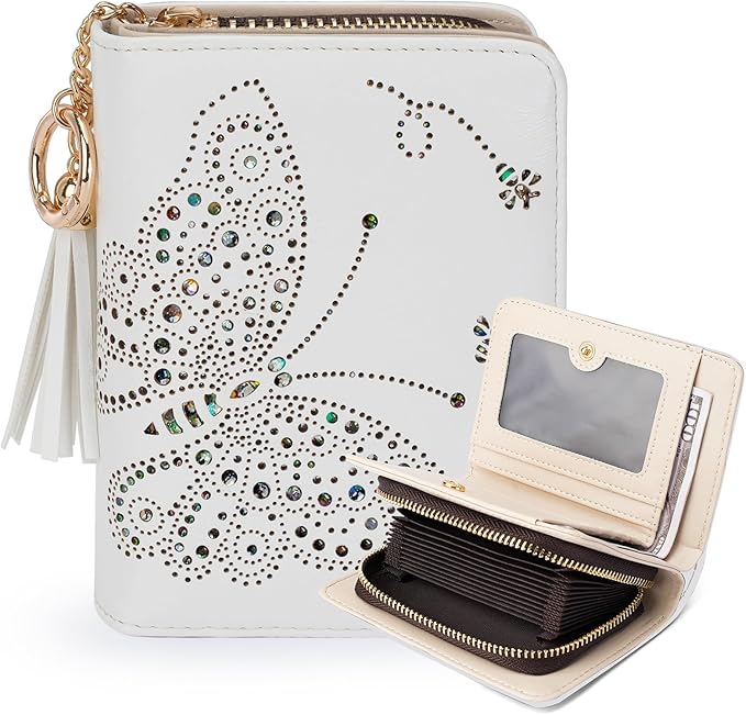Women RFID Blocking Small Bifold Wallet, Compact Cash Clutch with Zipper Coin Pocket, Glittery Butterfly Design, Credit Card Holder, Travel Purse with Tassel WHITE