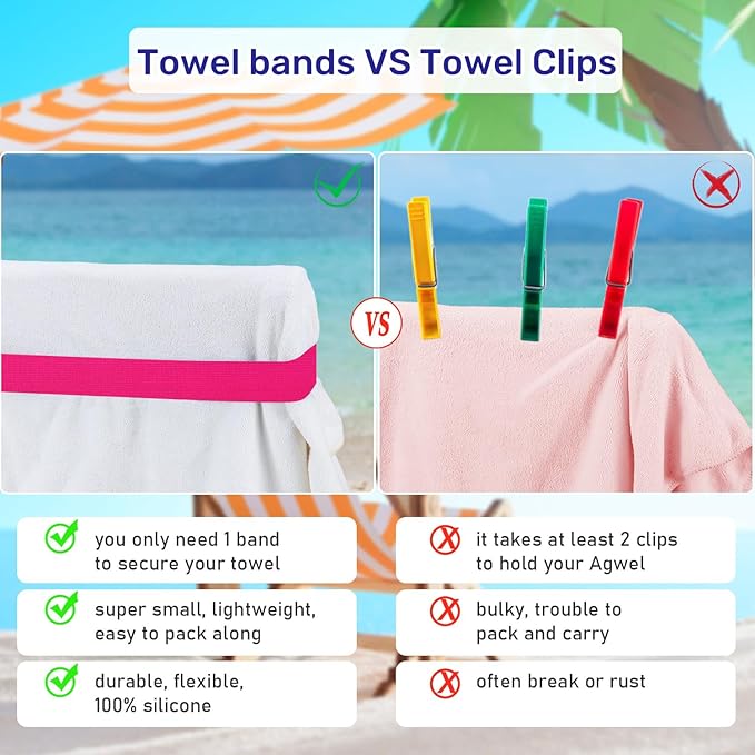 Towel Bands (4-Pack), Beach Towel Clips for Beach Chairs, Pool Lounge Chairs & Cruise Ships - Extra Durable Beach Essentials, Windproof Clips for Outdoor Travel Essentials(Pink)