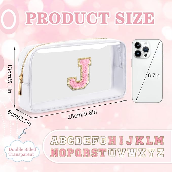 Small Clear Personalized Initial Makeup Bag,Nylon Preppy A-Z Chenille Letter Patch Cosmetic Pouch Beach Toiletry Bag,Waterproof Zipper Travel Purse Storage Bag Organizer for Women Girls(White-Pink J)