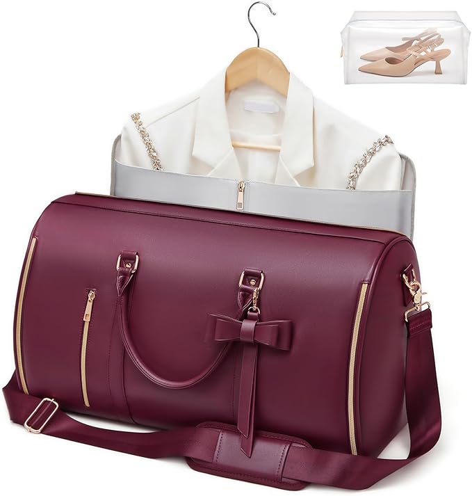 Garment Bags for Travel, Convertible Suit Travel Bag for Women, Cute Carry On Garment Bag w/Shoes Pouch, 2 in 1 Foldable PU Leather Hanging Duffle Bag, Single-Zipper Design, Sangria