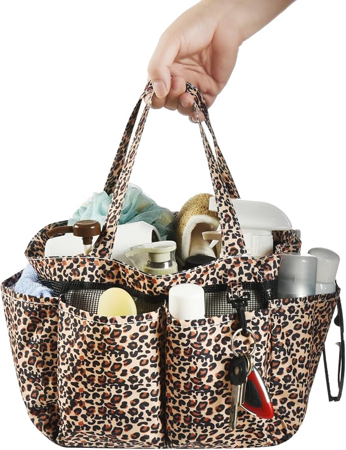 Haundry Mesh Shower Caddy Bag, Portable Basket Organizer with Key Hook for College Dorm Bathroom Camp Gym, Hanging Tote Bag with 8 Pockets, Leopard