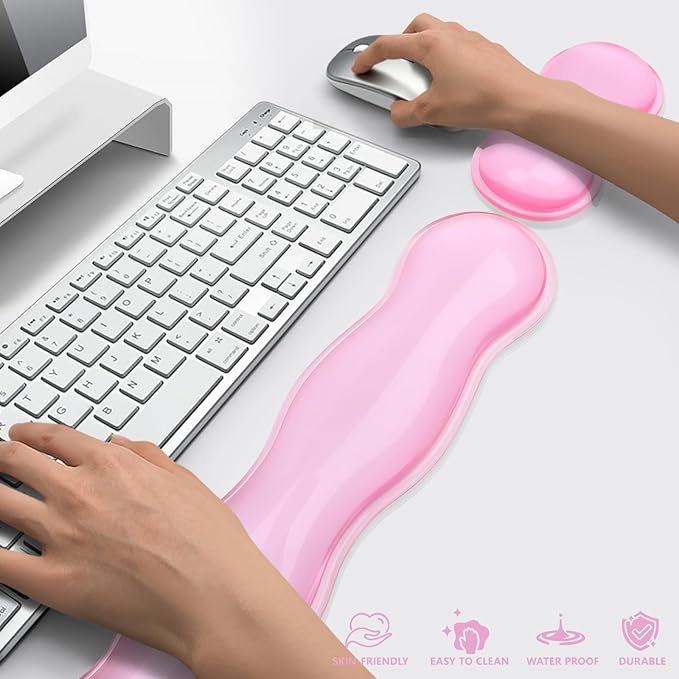 Gel Keyboard and Mouse Wrist Rest, Cute Wrist Support and Arm Support Keyboard Rest for Keyboard and Mouse Typing Pain Relief, Suitable for Office/Computer/Laptop/Gaming (Transparent Pink Set)