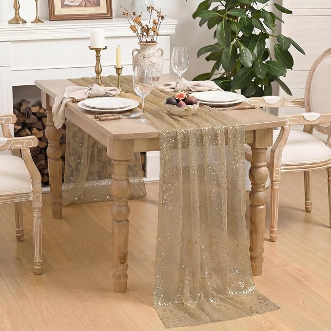 Horaldaily Coffee Gold Gauze Tablecloth 60x104 Inch Rectangular, Golden Sequin Glitter Metallic Foil, Sheer Tulle Cheesecloth for Wedding Baby Shower Ceremony Birthday