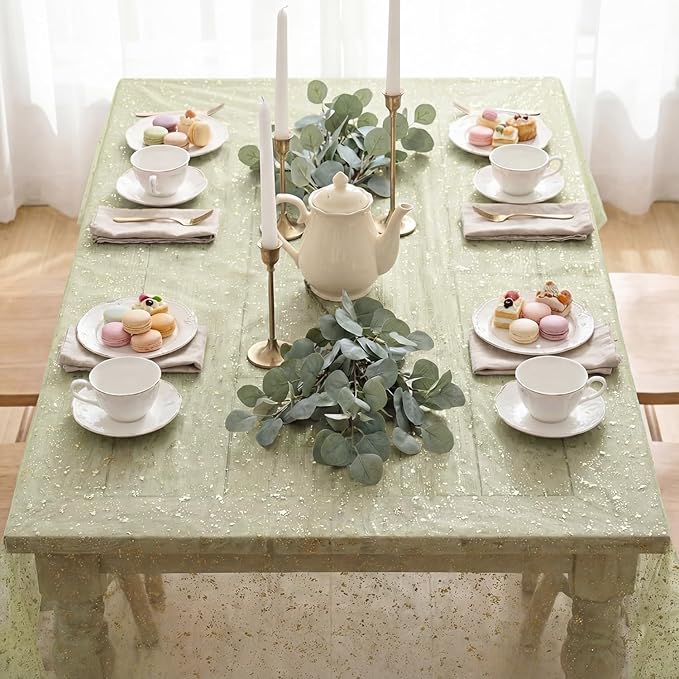 Horaldaily Sage Green Gauze Tablecloth 60x120 Inch Rectangular, Golden Sequin Glitter Metallic Foil, Sheer Tulle Cheesecloth for Wedding Baby Shower Ceremony Birthday