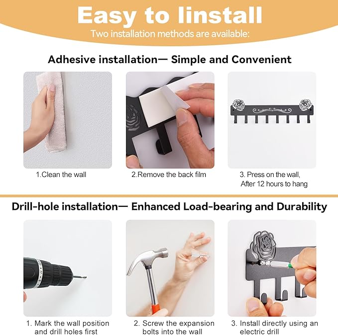 2-Pack Premium Iron Key Holder for Wall – Dual Installation: Wall Mount & Adhesive, 8 Hooks Key Rack for Entryway, Bathroom, Kitchen, Office