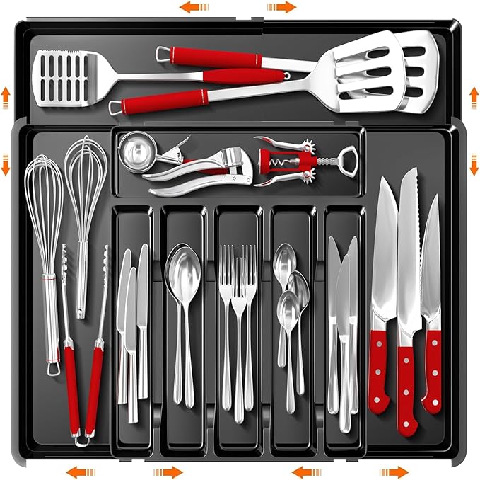 Large Silverware Organizer, Expandable BPA Free Kitchen Silverware Drawer Organizer, 9 Slots Cutlery Utensil Tray with Dividers, Adjustable Flatware Storage Holder for Spoons Forks Knives