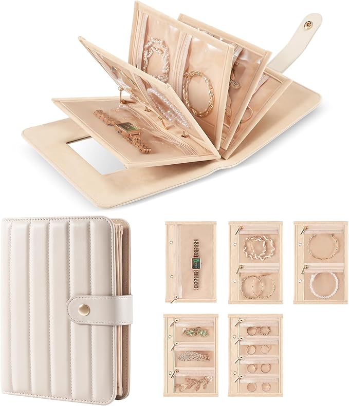 Lolalet Travel Jewelry Organizer Case, Portable Jewelry Storage Book Portfolio Binder with Zipper Velvet Pouch and Built-in Mirror for Women -Beige