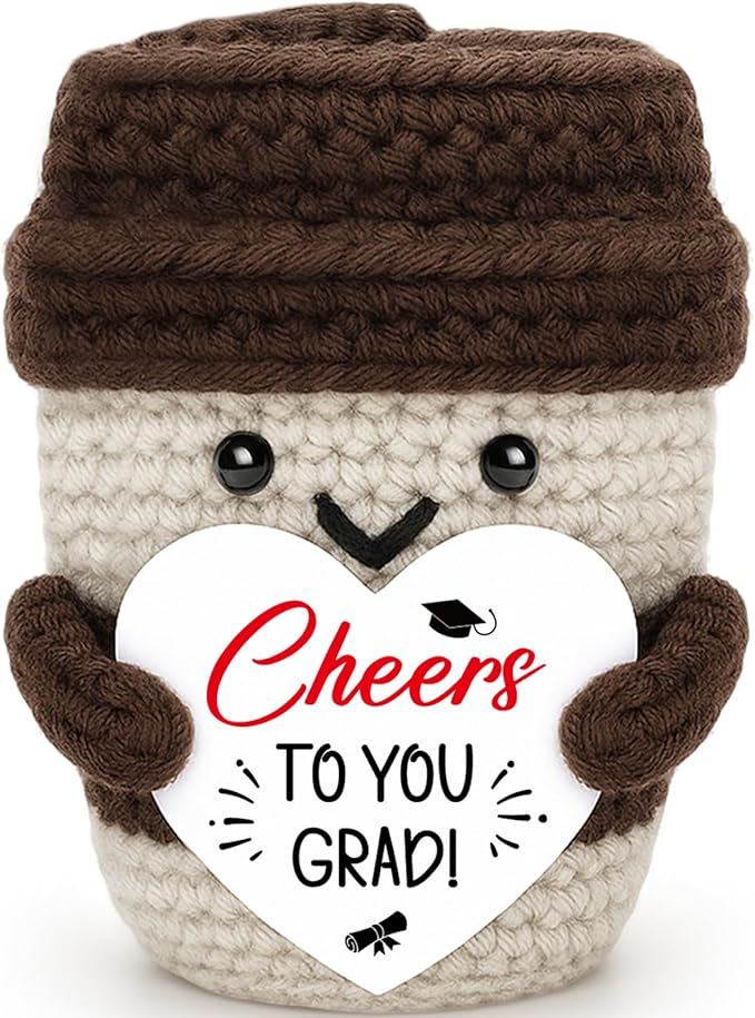 Graduation Gifts for Her Him - Cheers To You Grad - Handmade Positive Crochet Coffee Mug Graduation Decoration College High School University Grad Academy Masters Congratulations Gifts for Friends