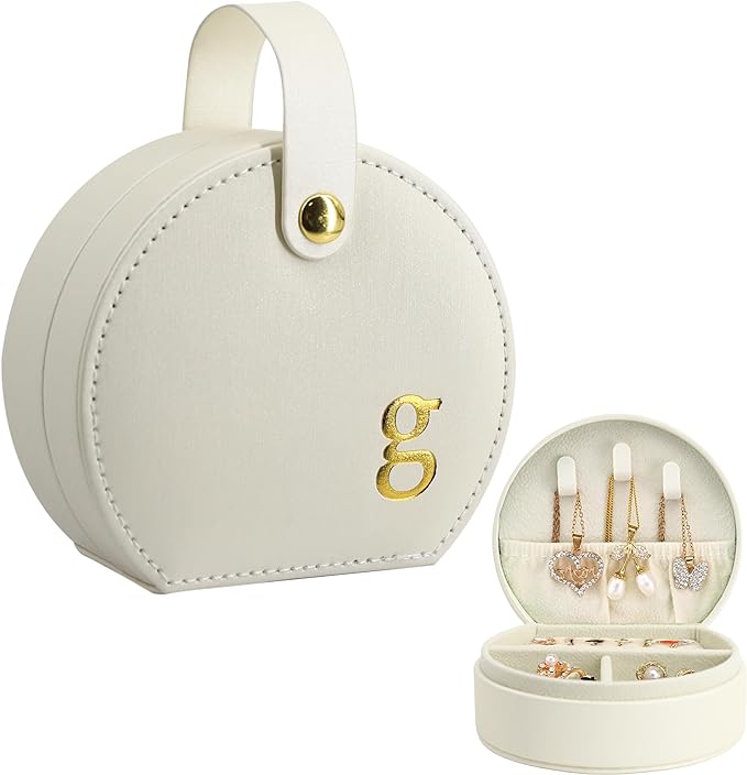 COLLECTIVE HOME - Travel Jewelry Case, Elegant Half-Moon Design with Gold Monogram, Detachable Handle, Personalized Accessory Organizer, Gift for Fashion-Forward Women and Teens (g)