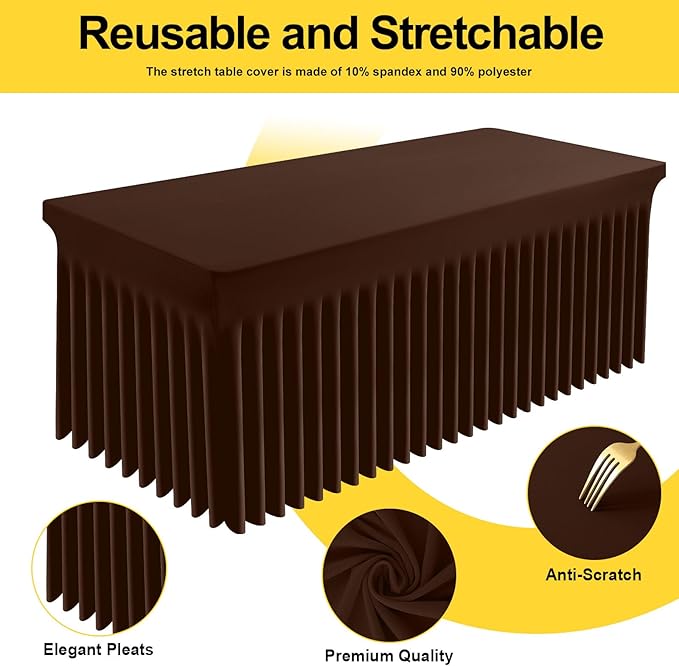 Smiry Spandex Tablecloth 2 Pack, Elastic Fitted Stretch Tablecloth for 6FT Rectangle Tables, Waterproof Washable Table Cover Skirt for Wedding, Banquet & Parties (Coffee, 72Lx30Wx30H Inch)