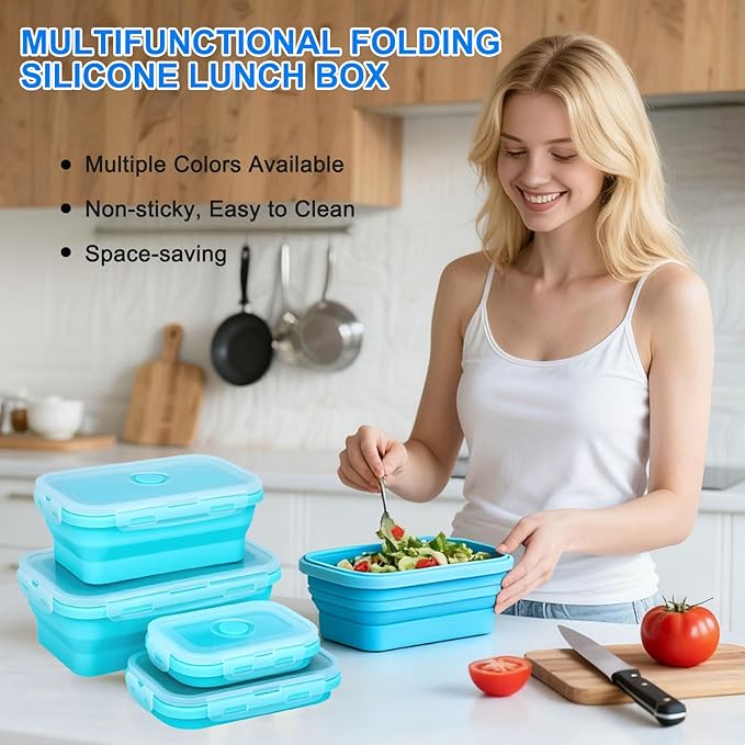 4 Set Collapsible Food Storage Containers Silicone Lunch Container with Lids Collapsible Lunch Box Food for Camper Leftovers Snacks Meals Dorm Kitchen Microwave Dishwasher and Freezer Gray