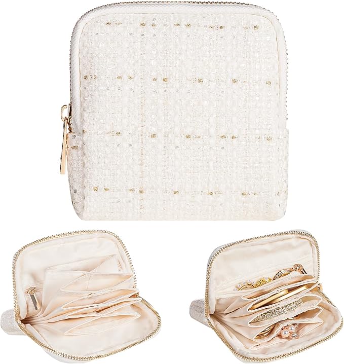 Women Travel Jewelry Case: Soft Bag with 5 Pouches for Ring Earring Necklace - Christmas and Birthday Gifts Choice (White)