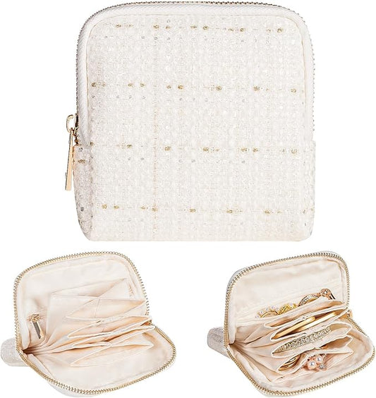 Women Travel Jewelry Case: Soft Bag with 5 Pouches for Ring Earring Necklace - Christmas and Birthday Gifts Choice (White)