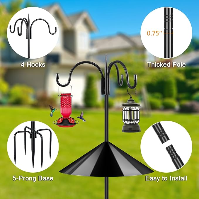 FEED GARDEN Heavy Duty Shepherds Hook Squirrel-Proof Bird Feeder Pole 92" Triple Hooks 5-Prong Base & 19" Baffle for Outdoor Feeders & Plants