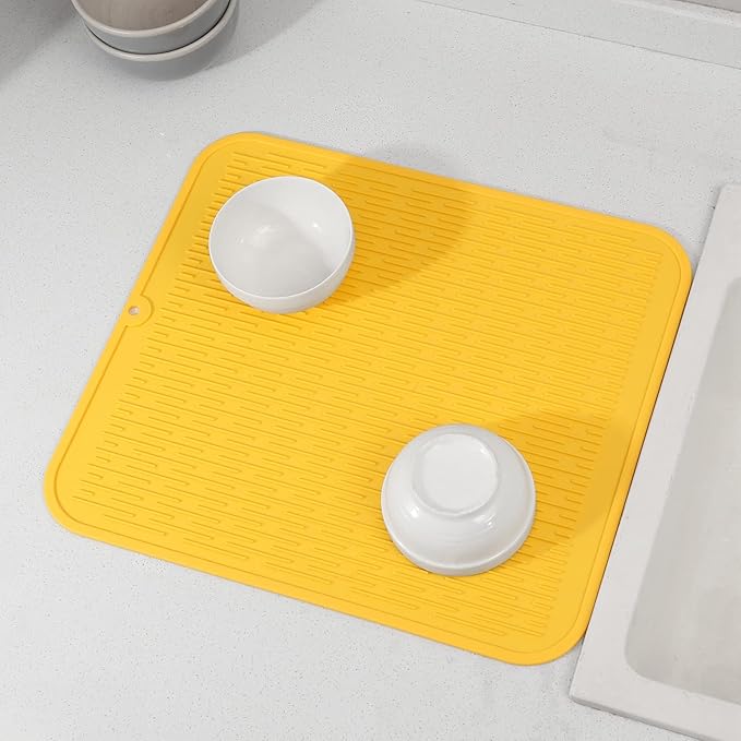 MicoYang Silicone Dish Drying Mat for Multiple Usage,Easy clean,Eco-friendly,Heat-resistant Silicone Mat for Kitchen Counter or Sink,Refrigerator or Drawer Liner Yellow XL 18 inches x 16 inches