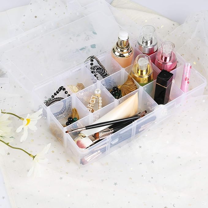 2 Pack 15 Grids Clear Plastic Organizer Box with Adjustable Dividers, Craft Storage Containers for Jewelry, Beads, Screws, Tackle Box, Washi Tapes, Small Parts Organizer for Arts and Crafts