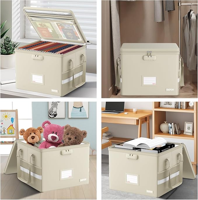 ENGPOW 5200°F Fireproof Document Box with Lock, Heat-Insulated Collapsible File Storage Organizer Box with Handle, Portable Home Office File Cabinet for Hanging Letter/Legal Size Folders, Beige