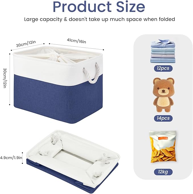VQRTEXA Large Storage Baskets- 16x12x12 inch Storage Bins for Shelves and Closet Organizing, Foldable Fabric Bin for Home Organization Clothes and Laundry (1-Pack, White&Blue)