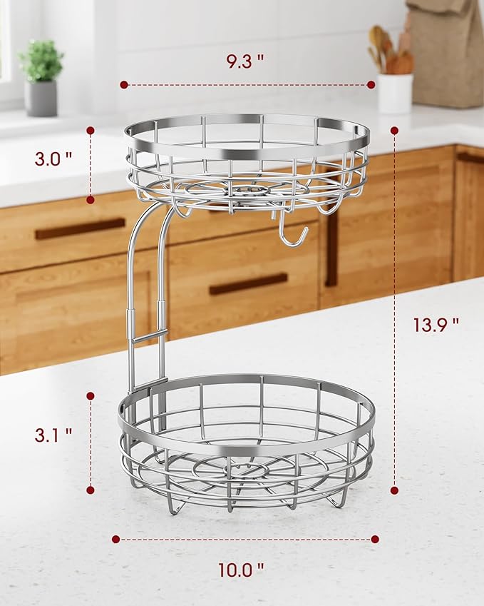 Sakugi Fruit Basket for Kitchen Counter - 2-Tier Large Capacity Fruit Bowl with Detachable Banana Hanger, Rust-Proof Metal Fruit Holder for Vegetables, Bread, Toiletry,10" D x 10" W x 14" H, Silver.