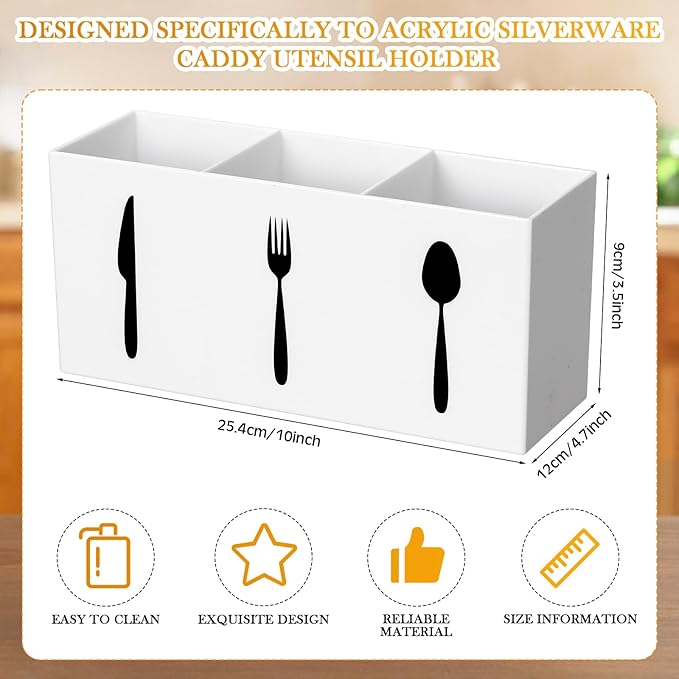 Suzile Acrylic Cutlery Storage Organizer Bin Silverware Caddy Countertop Knife Spoon and Fork Holder Kitchen 3 Section Tableware Storage Box for Cabinet Indoor Home Flatware Dining Room(White,L)