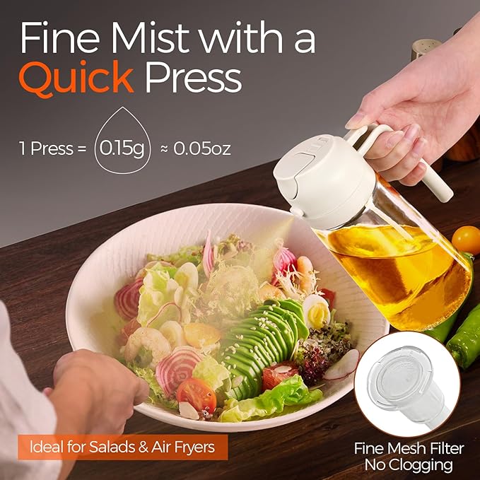 YARRAMATE 2Pcs 16oz/470ml 2 in 1 Oil Sprayer for Cooking with Stickers, Food-grade Glass Oil Spray Bottle, Oil Dispenser and Oil Sprayer for Kitchen, Salad, Frying, BBQ (White & Orange)