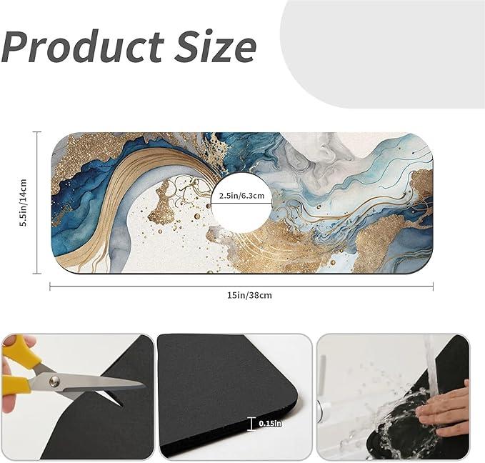 Kitchen Sink Splash Guard, Natural blue and gold marble Faucet Mat Sink Gadgets-Super Absorbent Fast Drying Mat Drip Catcher for Kitchen, Bathroom, Sink Mat, Dish Drying Mat, Bathroom (15" X 5.5")