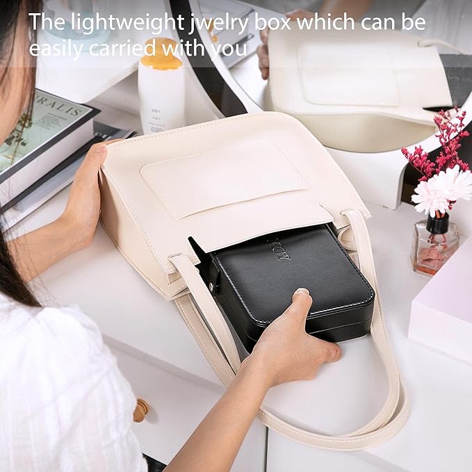 KCY Travel Jewelry Organizer Box for Women Girls, Small Travel Jewelry Case, PU Leather Portable Jewellery Storage Boxes Display Holder for Ring Earrings Necklace Bracelet Bangle, Gifts, Black