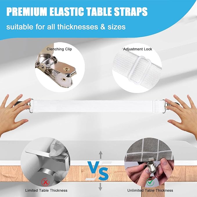 Table Cloth Holder Clips Hidden Strap 5 Pack, Adjustable Elasticity Picnic Tablecloth Clip Indoor Outdoor Large Clamp for Thick Tables Bench Cover Party Restaurant Camping RV Essential Accessories