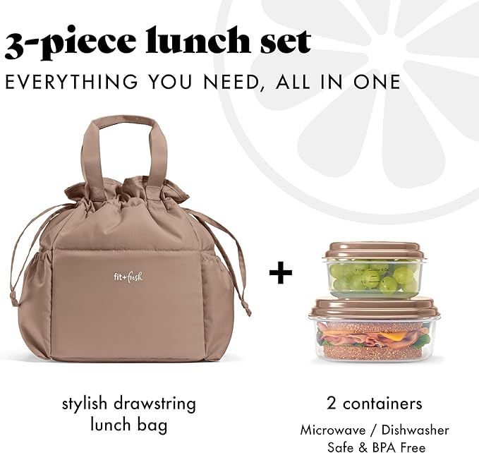 Fit & Fresh Cromwell Drawstring Lunch Bag for Women, Complete Lunch Set with 2 Containers, Stain-Resistant, Leak-Resistant, Back to School Essential, Teacher Lunchbox, Taupe