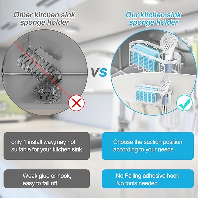 Yazoni 2-in-1 Sponge Holder for Kitchen Sink, Suction Cup Sponge Rack Kitchen Caddy, No Drill Rustproof Sink Organizer Holder for Place Dishwashing Brush Soap (White)