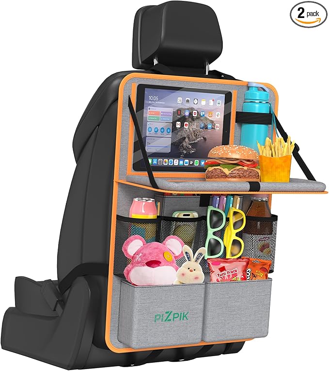 Car Backseat Organizer with Tablet Holder, 11 Storage Pockets with Foldable Food Tray, Protector Kick Mats for Kids, Travel Accessories Organizer (Orange, 1 Pack with Food Tray)
