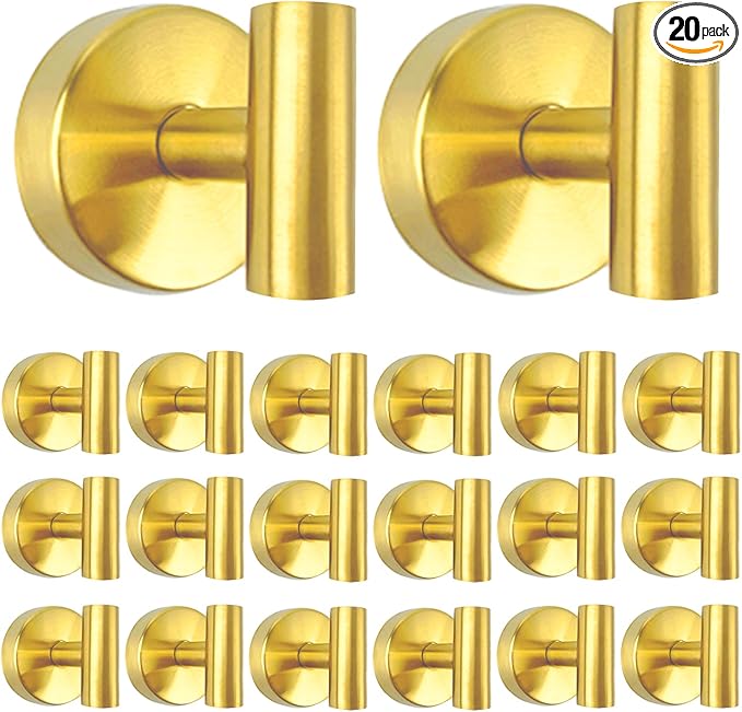 20 PCS Suction Cup Shower Towel Hooks, Wall Mount Robe Holder, Heavy Duty No Drill Wall SUS304 Waterproof Stainless Steel Hooks for Bedroom, Bathroom, Kitchen, Hotel and Office (Brushed Golden)