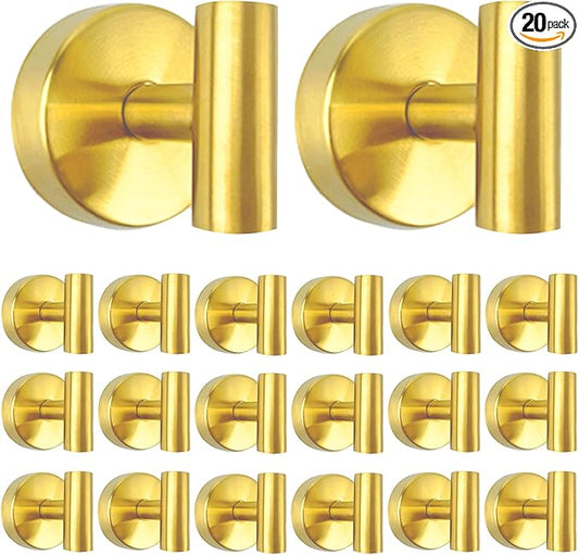 20 PCS Suction Cup Shower Towel Hooks, Wall Mount Robe Holder, Heavy Duty No Drill Wall SUS304 Waterproof Stainless Steel Hooks for Bedroom, Bathroom, Kitchen, Hotel and Office (Brushed Golden)