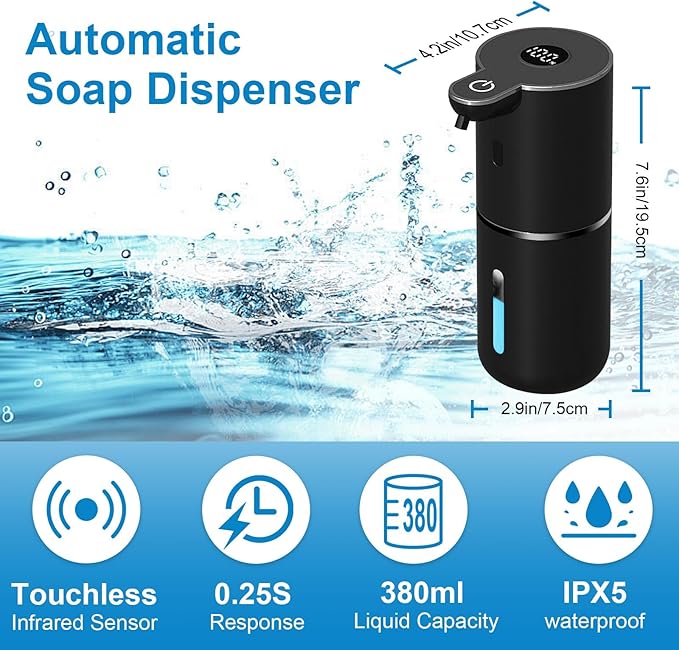 OHIFAST 2 Pack Automatic Liquid Soap Dispenser Touchless, USB Rechargeable Smart Hand Soap Dispenser, 6-Level Adjustable, 12.8oz/380mL, Compatible with Thick Thin Dish Soap for Bathroom Kitchen-Black
