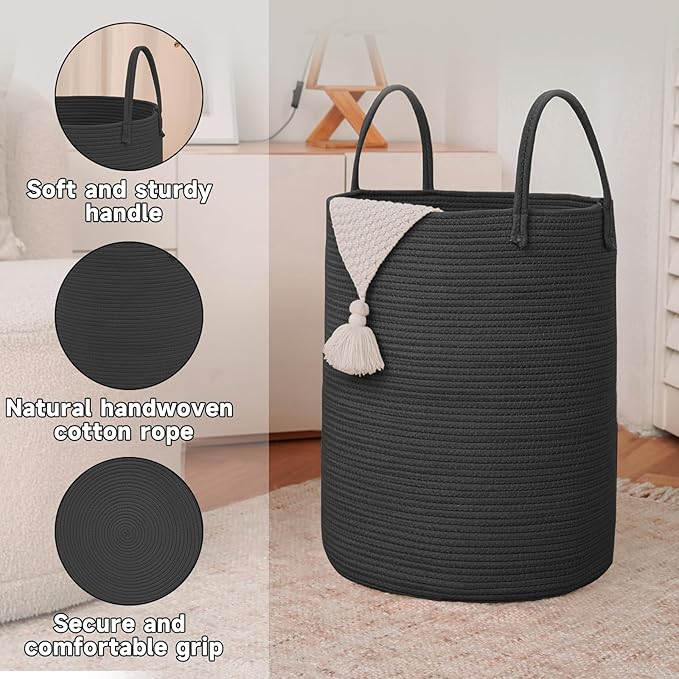 Large Woven Laundry Basket Hamper, 60L Cotton Rope Storage Bin for Blankets, Toys, and Clothes, Decorative Tall Nursery Hamper for Living Room, Baby Nursery, Bathroom, and Bedroom, Black