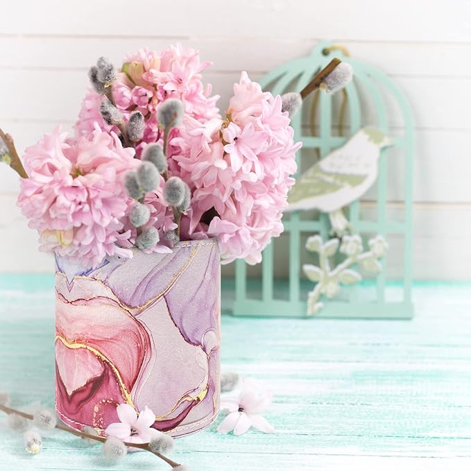 WAVEYU Pen Holder for Women Girls, Pencil Cup Pink Desk Decor, Makeup Brush Holder Large Pu Leather Multi-Functional Organizer Cup for Office, Classroom, Home, Colorful Marble