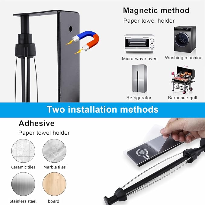 MONEER Magnetic Paper Towel Holder for Frige, One-Hand Operable Paper Towel Holder, Self-Adhesive, No Drill Magnet Paper Towel Holder for Kitchen, Refrigerator, RV, Garage (Black)