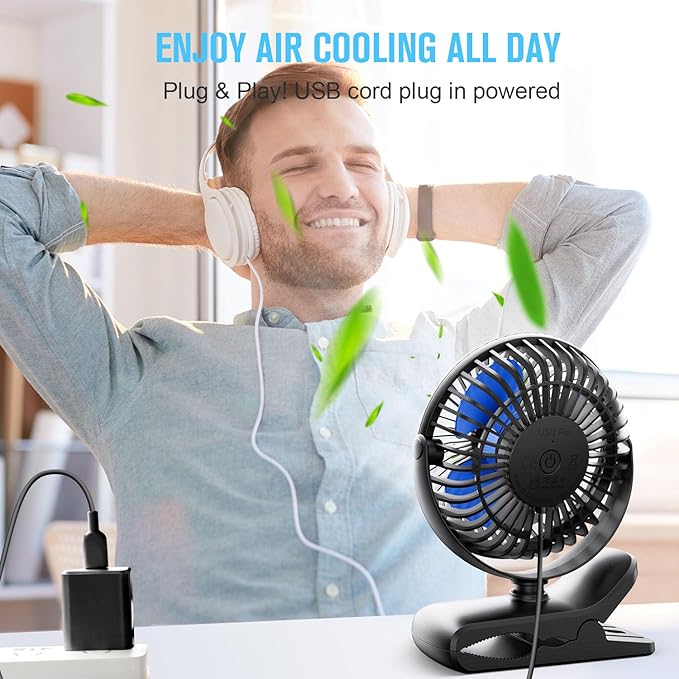 BESKAR USB Clip on Fan, Portable Small Fan with Cord Powered, 3 Speeds Strong Airflow, with Sturdy Clamp, Quiet Personal Desk Fan