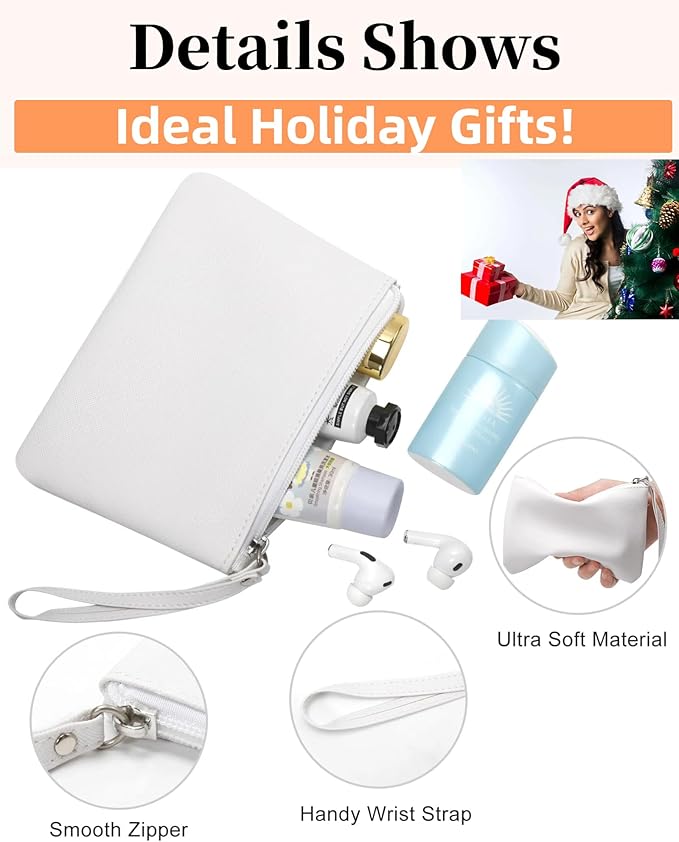 2 Pack Small Zipper Pouch Mini Makeup Bag for Purse Lipstick Cosmetic Travel Make Up Organizer for Women Essentials Feminine Products, Car Change Coin Holder 8x5 Phone Wristlet Wallet, White