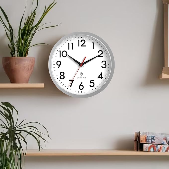 Atomic Wall Clock Analog 14 Inch Battery Operated Modern Decorative for Living Room Kitchen Office Bedroom Bathroom (Silver)
