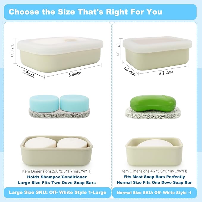 Leak Proof Travel Soap Case, Solid Shampoo Bar Holder, Silicone Soap Container with Draining Layer, Portable Bar Soap Holder for Bathroom, Camping, Gym, Easy to Clean (Off-White, Large)